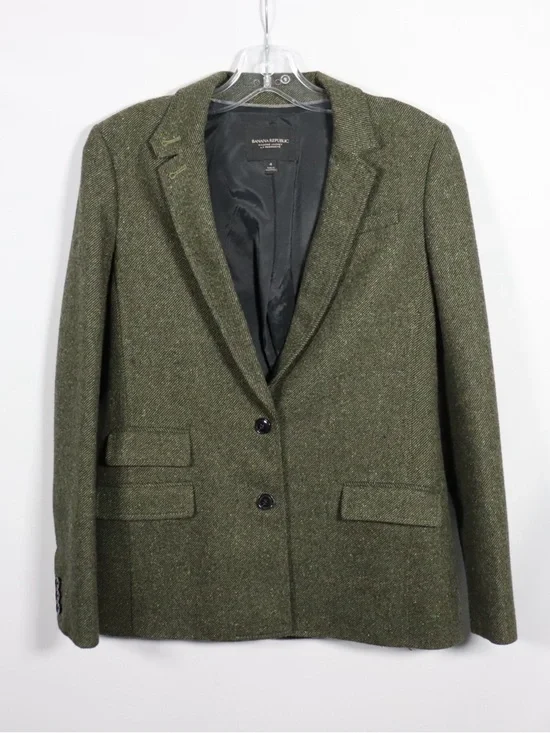 Banana Republic Tweed Blazer Size 4 Green Wool Classic Tailored Jacket - Picture 2 of 11